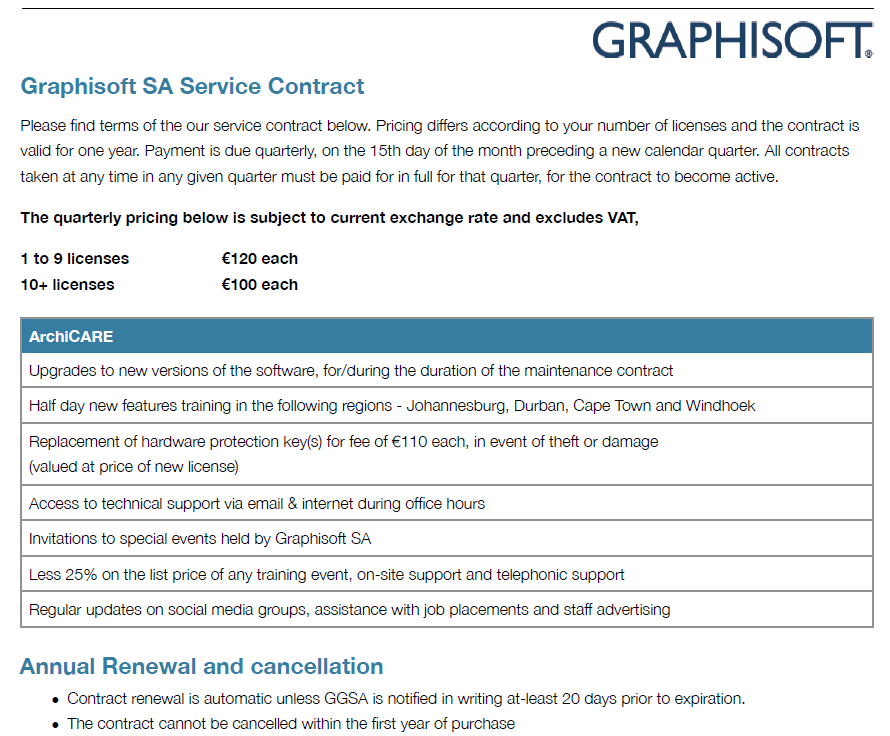 Graphisoft ArchiCad maintenance & support contract options